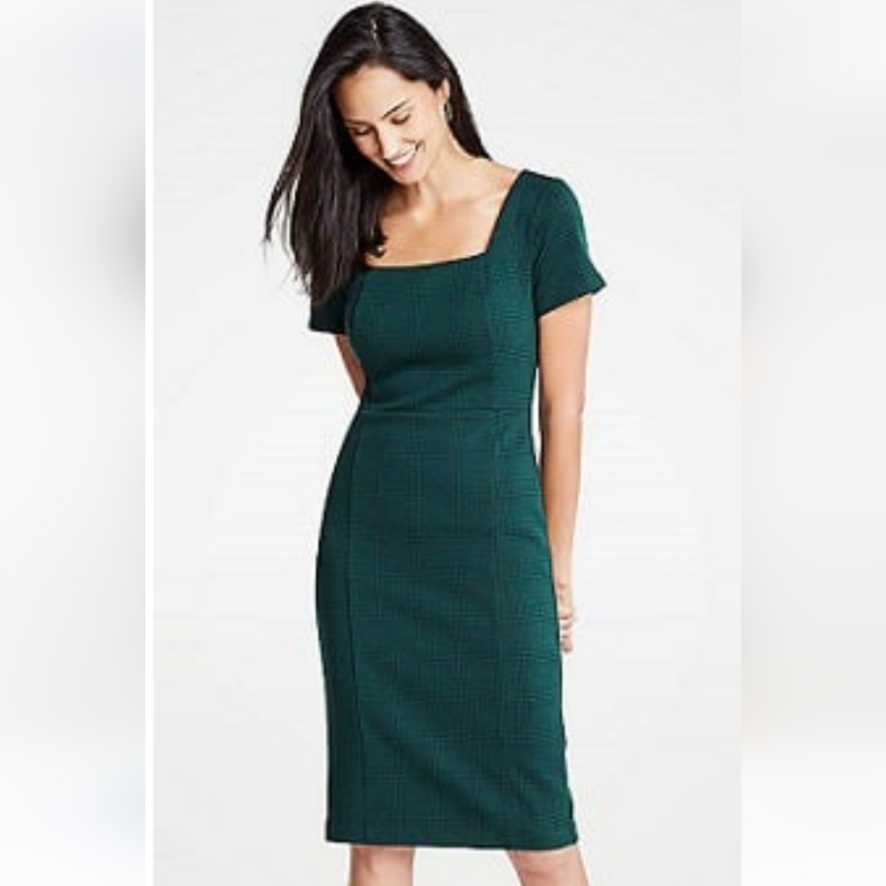 EUC Ann Taylor Square Neck Green Plaid Sheath Dress Sz. 4